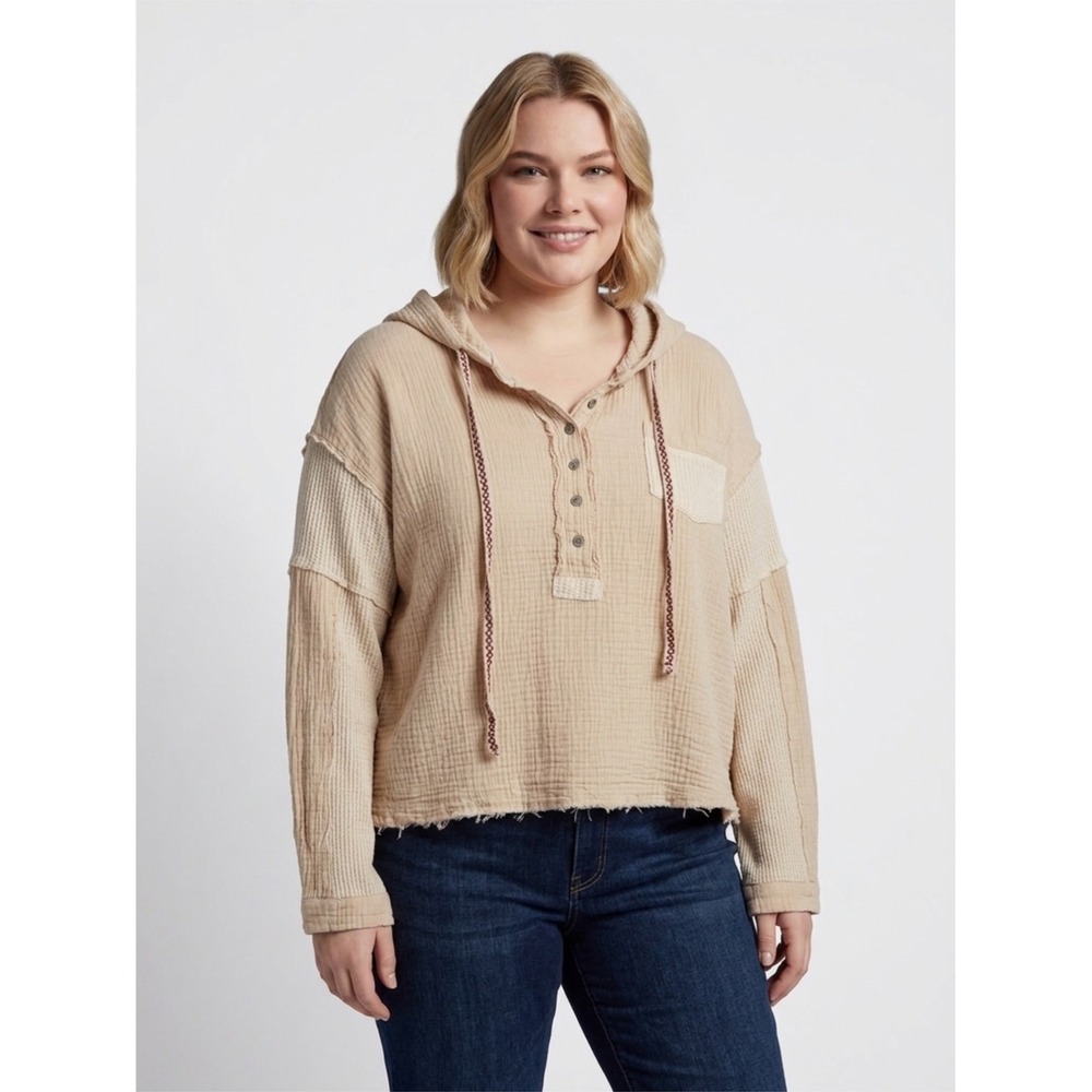 POL Beige Mixed Texture Cotton Hooded Henley Pullover Top Size M